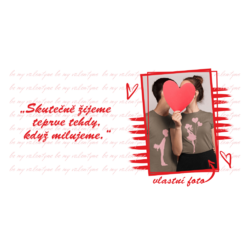 Bílý fotohrníček s různými valentýnskými motivy a vlastní fotografií - červený barevný lem a ucho