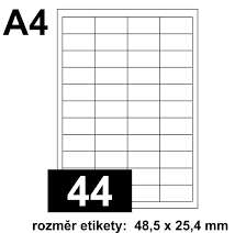 Předsekané papírové etikety: S POTISKEM - 48,5x25,4 mm - (44 ks na archu)